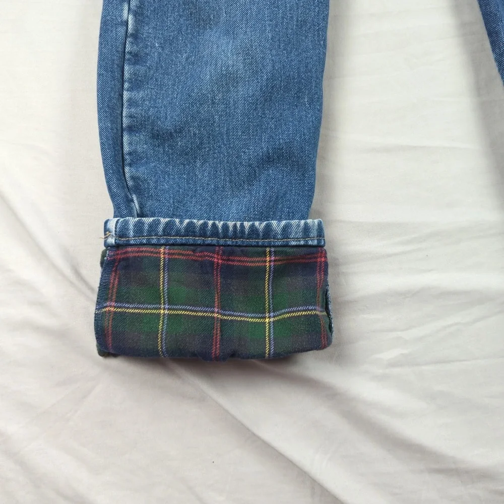 Lands End Jeans Mens 32x30 Blue Flannel Lined Plaid Outdoor Faded